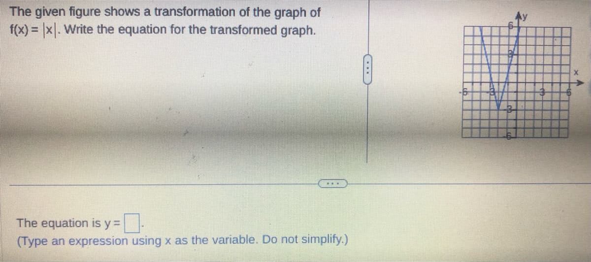 The given figure shows a transformation of the graph of
f(x) = x. Write the equation for the transformed graph.
The equation is y =
(Type an expression using x as the variable. Do not simplify.)
X