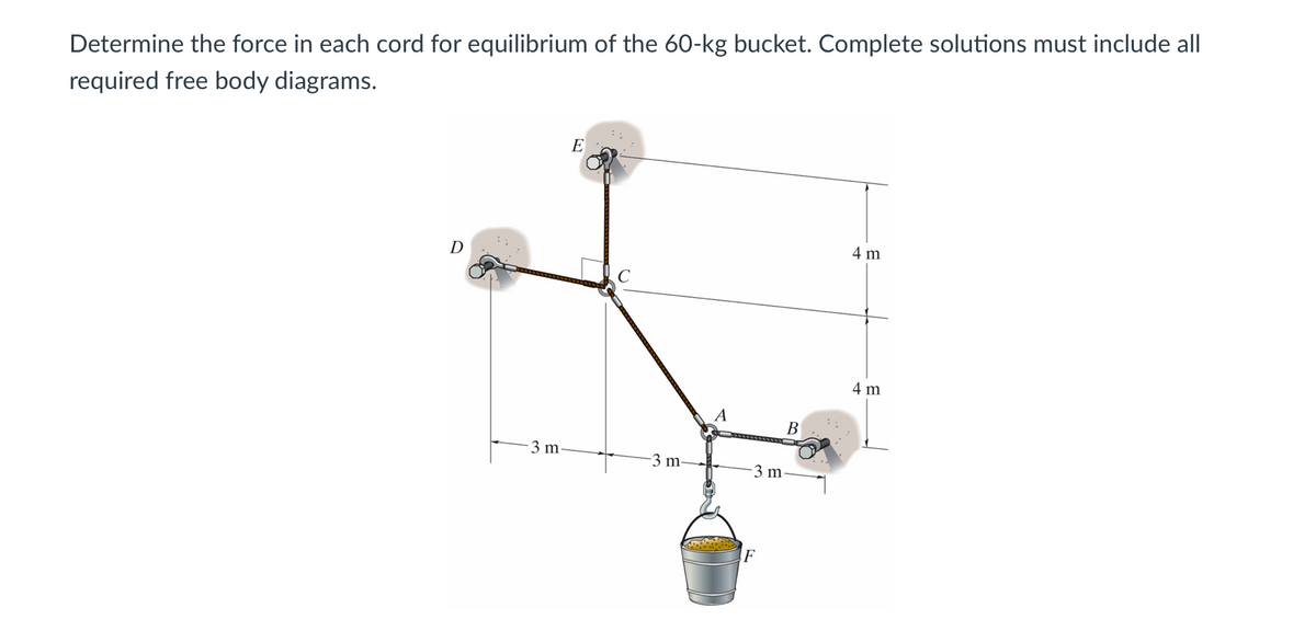 Determine the force in each cord for equilibrium of the 60-kg bucket. Complete solutions must include all
required free body diagrams.
D
3 m
E
C
-3 m-
A
B
3 m-
F
4 m
4 m