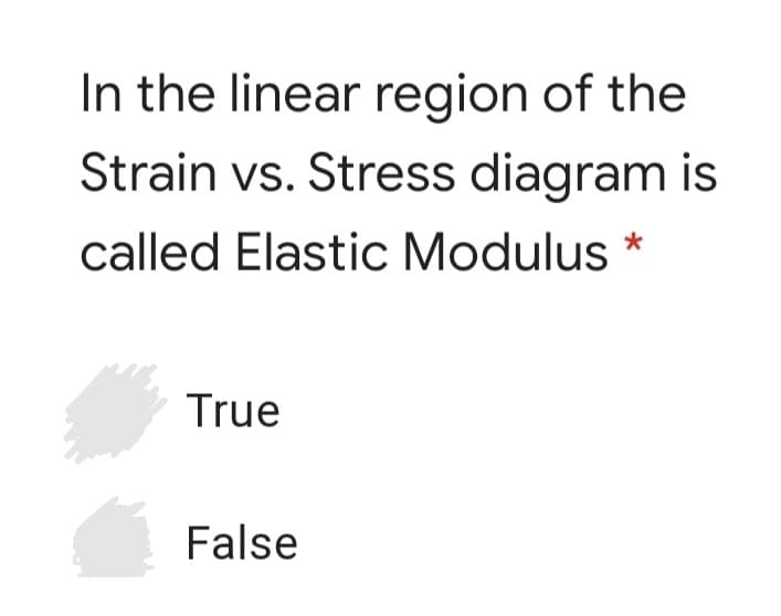 In the linear region of the
Strain vs. Stress diagram is
called Elastic Modulus *
True
False
