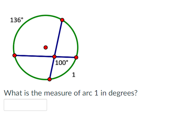 136°
100°
1
What is the measure of arc 1 in degrees?
