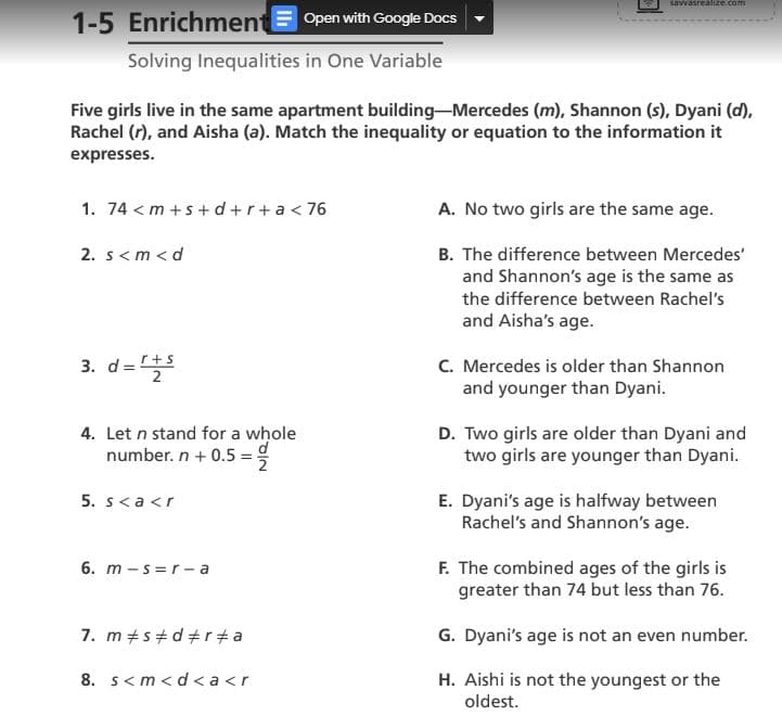 savvasrealize.com
1-5 Enrichment
Open with Google Docs
Solving Inequalities in One Variable
Five girls live in the same apartment building-Mercedes (m), Shannon (s), Dyani (d),
Rachel (r), and Aisha (a). Match the inequality or equation to the information it
expresses.
1. 74 < m +5+d+r+a < 76
A. No two girls are the same age.
2. s<m < d
B. The difference between Mercedes'
and Shannon's age is the same as
the difference between Rachel's
and Aisha's age.
3. d=+s
2
C. Mercedes is older than Shannon
and younger than Dyani.
4. Let n stand for a whole
number. n+ 0.5 = g
D. Two girls are older than Dyani and
two girls are younger than Dyani.
5. s<a <r
E. Dyani's age is halfway between
Rachel's and Shannon's age.
F. The combined ages of the girls is
greater than 74 but less than 76.
6. m -s =r-a
7. m+s+ d # r+a
G. Dyani's age is not an even number.
8. s<m<d < a<r
H. Aishi is not the youngest or the
oldest.
