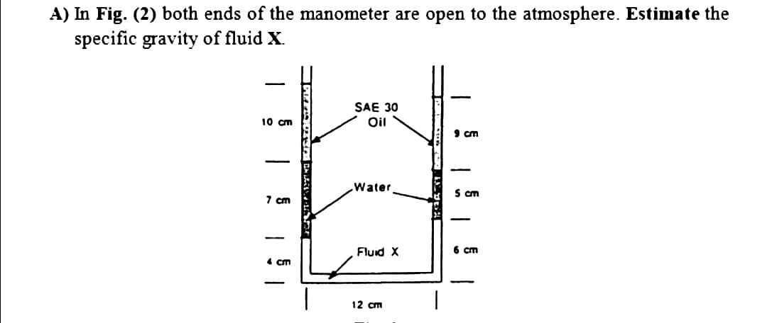 A) In Fig. (2) both ends of the manometer are open to the atmosphere. Estimate the
specific gravity of fluid X.
SAE 30
Oil
10 cm
9 cm
-
Water
S cm
7 cm
|
Fluid X
6 cm
4 cm
12 cm
