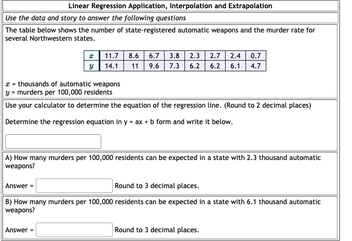 Linear Regression Application, Interpolation and Extrapolation
Use the data and story to answer the following questions
The table below shows the number of state-registered automatic weapons and the murder rate for
several Northwestern states.
11.7
8.6 6.7 3.8 2.3 2.7 2.4 0.7
14.1
11
9.6 7.3
6.2
6.2
6.1
4.7
x = thousands of automatic weapons
y = murders per 100,000 residents
Use your calculator to determine the equation of the regression line. (Round to 2 decimal places)
Determine the regression equation in y = ax + b form and write it below.
A) How many murders per 100,000 residents can be expected in a state with 2.3 thousand automatic
weapons?
Answer =
Round to 3 decimal places.
B) How many murders per 100,000 residents can be expected in a state with 6.1 thousand automatic
weapons?
Answer =
Round to 3 decimal places.
