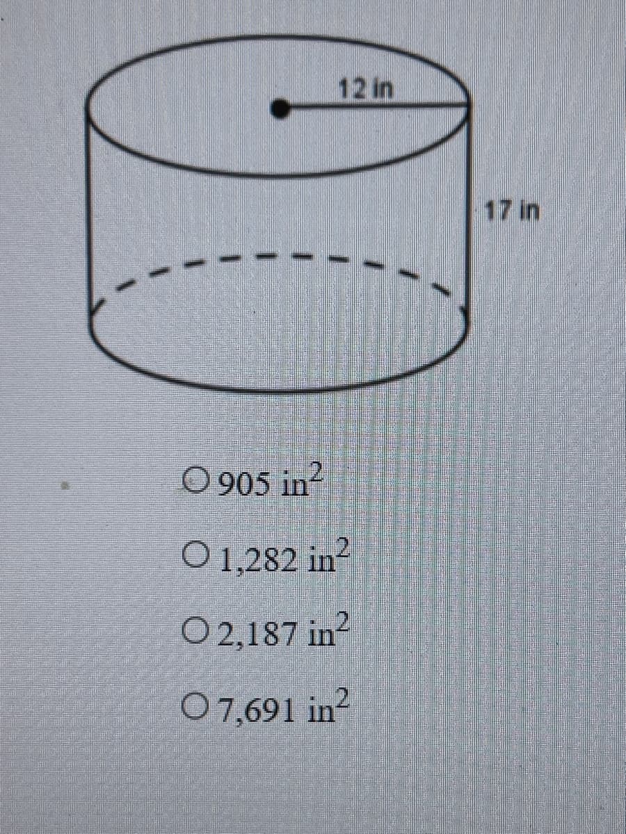 12 in
I
O 905 in²
O 1,282 in²
O2,187 in²
O 7,691 in²
1
17 in