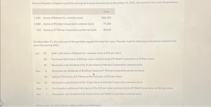 Here is Flounder Company's portfolio of long-term stock investments at December 31, 2021, the end of its first year of operations.
1,260 shares of Batone Inc. common stock
1,080 shares of Mendez Corporation common stock
720 shares of P. Tillman Corporation preferred stock
On December 31, the total cost of the portfolio equaled the total fair value. Flounder had the following transactions related to the
securities during 2022.
Jan. 201
Feb.
28
30
18
July 30
Sept. 6
Dec 1
Cost
$66,150
75,600
30,240
Sold 1.260 shares of Batone Inc. common stock at $55 per share.
Purchased 360 shares of $10 par value common stock of P. Wahl Corporation at $78 per share.
Received a cash dividend of $1.25 per share on Mendez Corporation common stock.
Received cash dividends of $0.40 per share on P. Tillman Corporation preferred stock.
Sold all 720 shares of P. Tillman preferred stock at $35 per share.
Received a cash dividend of $1.10 per share on Mendez Corporation common stock.
Purchased an additional 540 shares of the $10 par value common stock of P. Wahl Corporation at $82 per share.
Received a cash dividend of $1.50 per share on P Wahl Corporation common stock.
At December 31, 2022, the fair values of the securities were