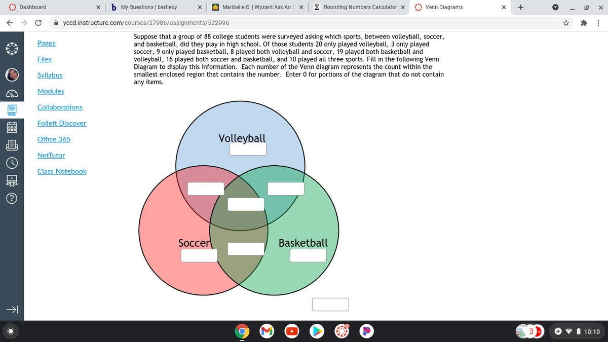 O Dashboard
b My Questions | bartleby
Maribelle C. | Wyzant Ask An|
E Rounding Numbers Calculator x
O Venn Diagrams
+
A yccd.instructure.com/courses/27986/assignments/522996
Suppose that a group of 88 college students were surveyed asking which sports, between volleyball, soccer,
and basketball, did they play in high school. Of those students 20 only played volleyball, 3 only played
soccer, 9 only played basketball, 8 played both volleyball and soccer, 19 played both basketball and
volleyball, 16 played both soccer and basketball, and 10 played all three sports. Fill in the following Venn
Diagram to display this information. Each number of the Venn diagram represents the count within the
smallest enclosed region that contains the number. Enter 0 for portions of the diagram that do not contain
any items.
Pages
Files
Syllabus
Modules
Collaborations
Follett Discover
Office 365
Volleyball
NetTutor
Class Notebook
Soccer
Basketball
+
10:10
