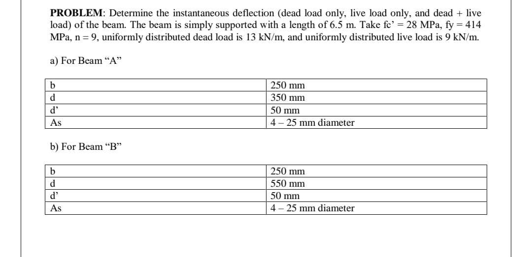PROBLEM: Determine the instantaneous deflection (dead load only, live load only, and dead + live
load) of the beam. The beam is simply supported with a length of 6.5 m. Take fc' = 28 MPa, fy = 414
MPa, n = 9, uniformly distributed dead load is 13 kN/m, and uniformly distributed live load is 9 kN/m.
a) For Beam “A"
b
250 mm
d.
350 mm
d'
50 mm
As
4 – 25 mm diameter
b) For Beam “B"
250 mm
d.
550 mm
d'
50 mm
As
4 - 25 mm diameter
