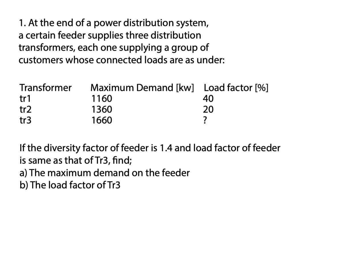 1. At the end of a power distribution system,
a certain feeder supplies three distribution
transformers, each one supplying a group of
customers whose connected loads are as under:
Transformer
tr1
tr2
tr3
Maximum Demand [kw] Load factor [%]
1160
40
1360
20
1660
?
If the diversity factor of feeder is 1.4 and load factor of feeder
is same as that of Tr3, find;
a) The maximum demand on the feeder
b) The load factor of Tr3