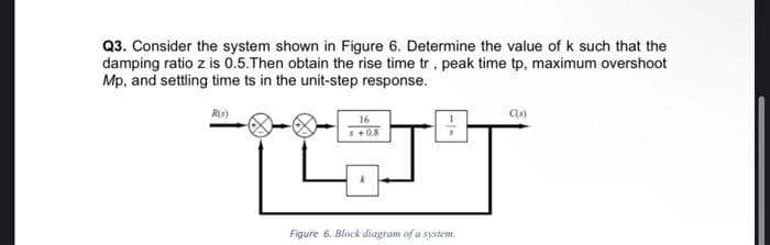 Q3. Consider the system shown in Figure 6. Determine the value of k such that the
damping ratio z is 0.5.Then obtain the rise time tr, peak time tp, maximum overshoot
Mp, and settling time ts in the unit-step response.
R(s)
+0.8
LJ
Figure 6. Block diagram of a system.
C(s)