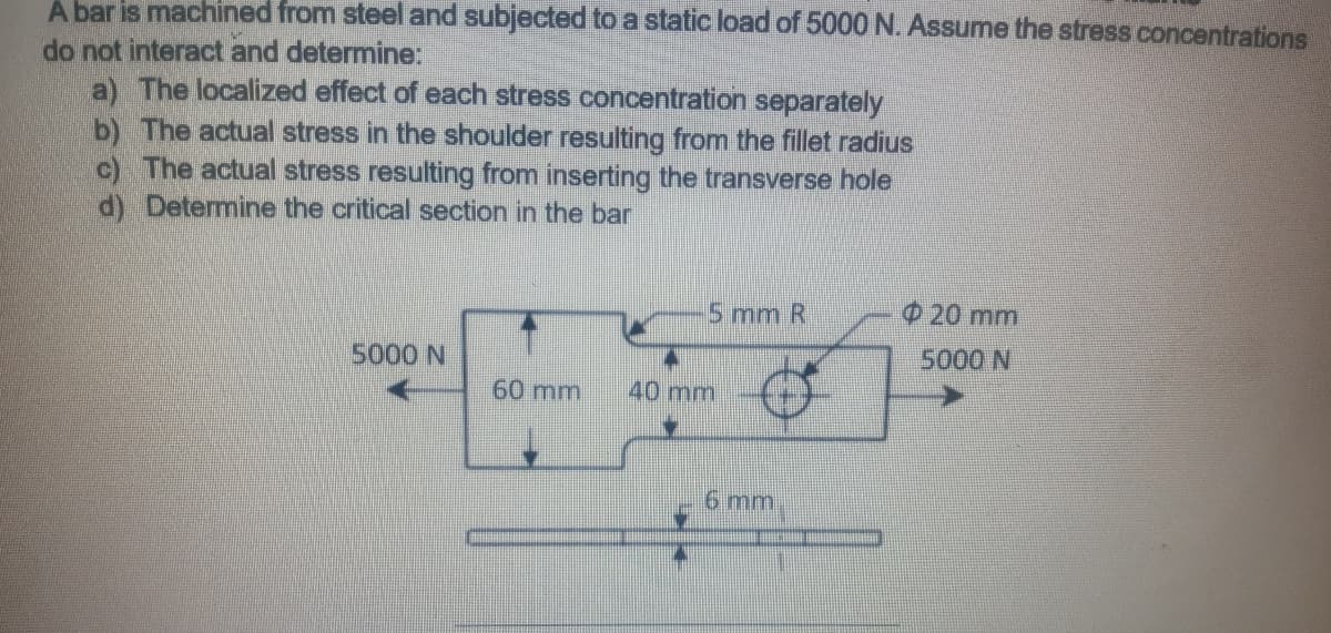 A bar is machined from steel and subjected to a static load of 5000 N. Assume the stress concentrations
do not interact and determine:
a) The localized effect of each stress concentration separately
b) The actual stress in the shoulder resulting from the fillet radius
c) The actual stress resulting from inserting the transverse hole
d) Determine the critical section in the bar
5000 N
60 mm
5 mm R
40 mm
6 mm
20 mm
5000 N