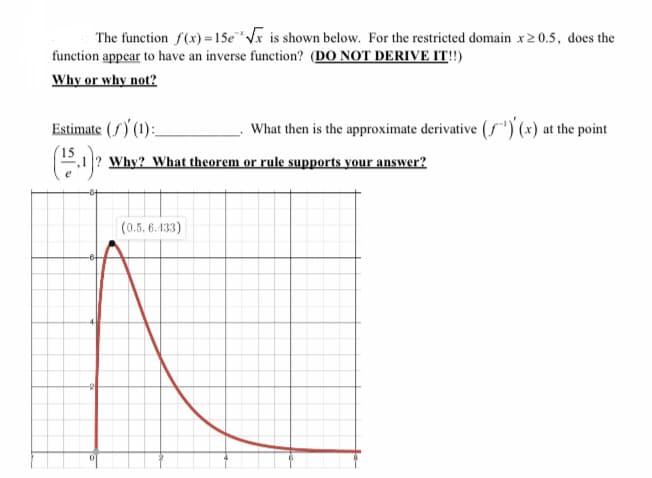 The function f(x) =15€VX is shown below. For the restricted domain x2 0.5, does the
function appear to have an inverse function? (DO NOT DERIVE IT!!)
Why or why not?
Estimate (S) (1):
What then is the approximate derivative (f")'(x) at the point
(15
Why? What theorem or rule supports your answer?
(0.5, 6.133)
