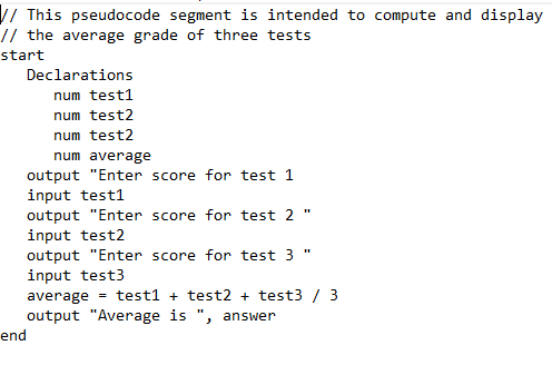 V/ This pseudocode segment is intended to compute and display
// the average grade of three tests
start
Declarations
num testi
num test2
num test2
num average
output "Enter score for test 1
input testi
output "Enter score for test 2
input test2
output "Enter score for test 3
input test3
average
test1 + test2 + test3 / 3
output "Average is ", answer
end
