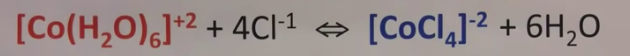 [Co(H,0),]+2 + 4Cl-1 →
[CoCl,]2 + 6H,0
