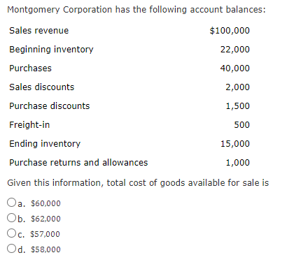 Montgomery Corporation has the following account balances:
Sales revenue
$100,000
Beginning inventory
22,000
Purchases
40,000
Sales discounts
2,000
Purchase discounts
1,500
Freight-in
500
Ending inventory
15,000
Purchase returns and allowances
1,000
Given this information, total cost of goods available for sale is
Oa. $60,000
Ob. $62,000
Oc. $57,000
Od. $58,000
