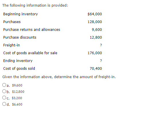 The following information is provided:
Beginning inventory
$64,000
Purchases
128,000
Purchase returns and allowances
9,600
Purchase discounts
12,800
Freight-in
?
Cost of goods available for sale
176,000
Ending inventory
Cost of goods sold
70,400
Given the information above, determine the amount of freight-in.
Oa. $9,600
Ob. $12,800
Oc. $3,200
Od. $6,400
