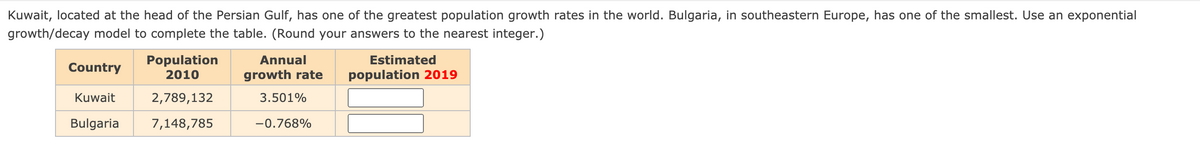 Kuwait, located at the head of the Persian Gulf, has one of the greatest population growth rates in the world. Bulgaria, in southeastern Europe, has one of the smallest. Use an exponential
growth/decay model to complete the table. (Round your answers to the nearest integer.)
Population
2010
Annual
Estimated
Country
growth rate
population 2019
Kuwait
2,789,132
3.501%
Bulgaria
7,148,785
-0.768%
