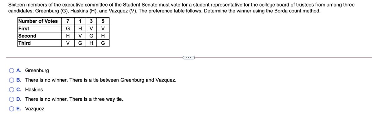 Sixteen members of the executive committee of the Student Senate must vote for a student representative for the college board of trustees from among three
candidates: Greenburg (G), Haskins (H), and Vazquez (V). The preference table follows. Determine the winner using the Borda count method.
Number of Votes
7
1
3
5
First
Second
Third
G
V
V
H
V
G
H
V
G
G
O A. Greenburg
O B. There is no winner. There is a tie between Greenburg and Vazquez.
O C. Haskins
D. There is no winner. There is a three way tie.
E. Vazquez
O O O O O
