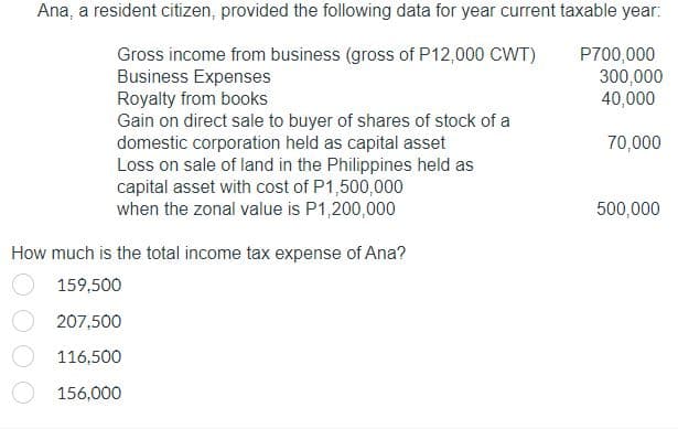 Ana, a resident citizen, provided the following data for year current taxable year:
Gross income from business (gross of P12,000 CWT)
Business Expenses
Royalty from books
Gain on direct sale to buyer of shares of stock of a
domestic corporation held as capital asset
Loss on sale of land in the Philippines held as
capital asset with cost of P1,500,000
when the zonal value is P1,200,000
How much is the total income tax expense of Ana?
159,500
207,500
116,500
156,000
P700,000
300,000
40,000
70,000
500,000
