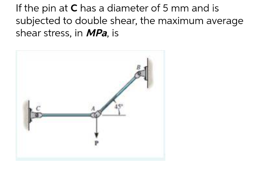 If the pin at C has a diameter of 5 mm and is
subjected to double shear, the maximum average
shear stress, in MPa, is
P
B