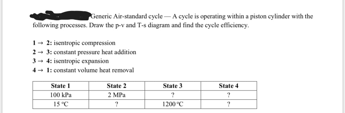 Generic Air-standard cycle – A cycle is operating within a piston cylinder with the
following processes. Draw the p-v and T-s diagram and find the cycle efficiency.
1→ 2: isentropic compression
2 → 3: constant pressure heat addition
3 → 4: isentropic expansion
4 → 1: constant volume heat removal
State 1
State 2
State 3
State 4
100 kPa
2 MPa
?
?
15 °C
?
1200 °C
?
