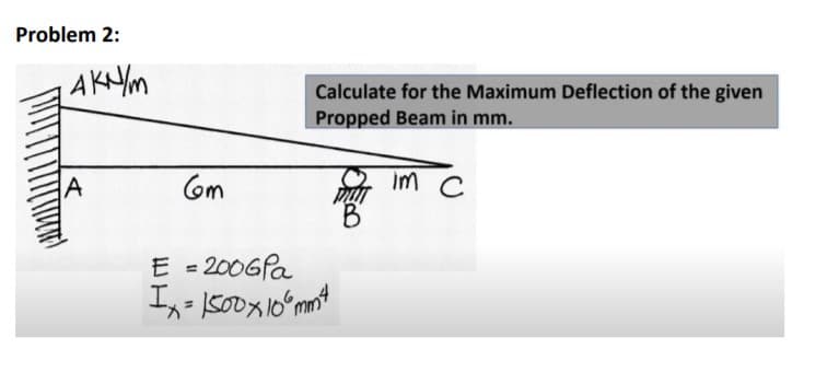 Problem 2:
AKNM
Calculate for the Maximum Deflection of the given
Propped Beam in mm.
om
im C
2006Pa
%3D
