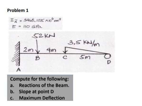 Problem 1
I - 3468. 12K A
E = 10 GPa
S2KN
3,5 KN/m
2my 4m
B
A
Compute for the following:
a. Reactions of the Beam.
b. Slope at point D
Maximum Deflection
с.
