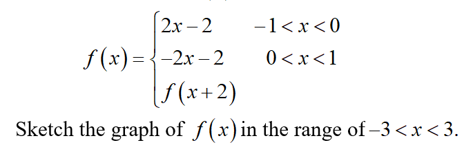 2х -2
-1<x<0
f (x) = {-2x – 2
S(x+2)
0 <x<1
Sketch the graph of f(x)in the range of -3 <x < 3.
