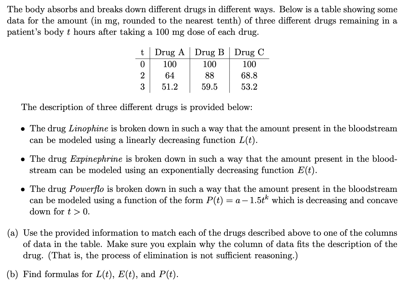 The body absorbs and breaks down different drugs in different ways. Below is a table showing some
data for the amount (in mg, rounded to the nearest tenth) of three different drugs remaining in a
patient's body t hours after taking a 100 mg dose of each drug.
Drug A Drug B Drug C
100
100
100
2
64
88
68.8
3
51.2
59.5
53.2
The description of three different drugs is provided below:
• The drug Linophine is broken down in such a way that the amount present in the bloodstream
can be modeled using a linearly decreasing function L(t).
• The drug Expinephrine is broken down in such a way that the amount present in the blood-
stream can be modeled using an exponentially decreasing function E(t).
• The drug Powerflo is broken down in such a way that the amount present in the bloodstream
can be modeled using a function of the form P(t) = a – 1.5tk which is decreasing and concave
down for t > 0.
(a) Use the provided information to match each of the drugs described above to one of the columns
of data in the table. Make sure you explain why the column of data fits the description of the
drug. (That is, the process of elimination is not sufficient reasoning.)
(b) Find formulas for L(t), E(t), and P(t).
