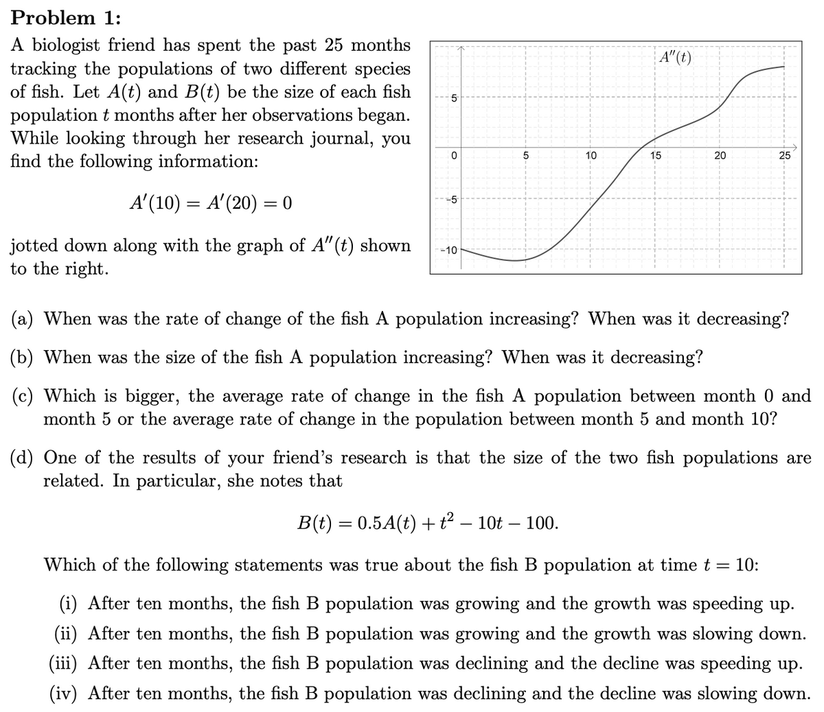 Problem 1:
A biologist friend has spent the past 25 months
tracking the populations of two different species
of fish. Let A(t) and B(t) be the size of each fish
population t months after her observations began.
While looking through her research journal, you
find the following information:
A"(t)
10
15
20
25
A'(10) = A'(20) = 0
-5
jotted down along with the graph of A"(t) shown
to the right.
--10
(a) When was the rate of change of the fish A population increasing? When was it decreasing?
(b) When was the size of the fish A population increasing? When was it decreasing?
(c) Which is bigger, the average rate of change in the fish A population between month 0 and
month 5 or the average rate of change in the population between month 5 and month 10?
(d) One of the results of your friend's research is that the size of the two fish populations are
related. In particular, she notes that
B(t) = 0.5A(t) +t² – 10t –
100.
Which of the following statements was true about the fish B population at time t = 10:
(i) After ten months, the fish B population was growing and the growth was speeding up.
(ii) After ten months, the fish B population was growing and the growth was slowing down.
(iii) After ten months, the fish B population was declining and the decline was speeding up.
(iv) After ten months, the fish B population was declining and the decline was slowing down.
