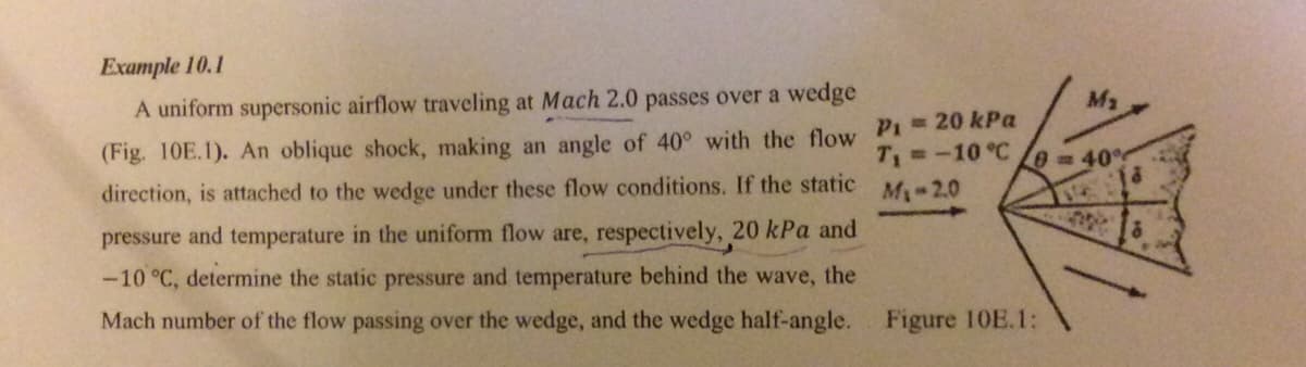 Example 10.1
A uniform supersonic airflow traveling at Mach 2.0 passes over a wedge
M2
(Fig. 10E.1). An oblique shock, making an angle of 40° with the flow P= 20 kPa
T=-10 °C
0=40%
direction, is attached to the wedge under these flow conditions. If the static
M 2.0
pressure and temperature in the uniform flow are, respectively, 20 kPa and
-10 °C, determine the static pressure and temperature behind the wave, the
Mach number of the flow passing over the wedge, and the wedge half-angle. Figure 10E.1:
