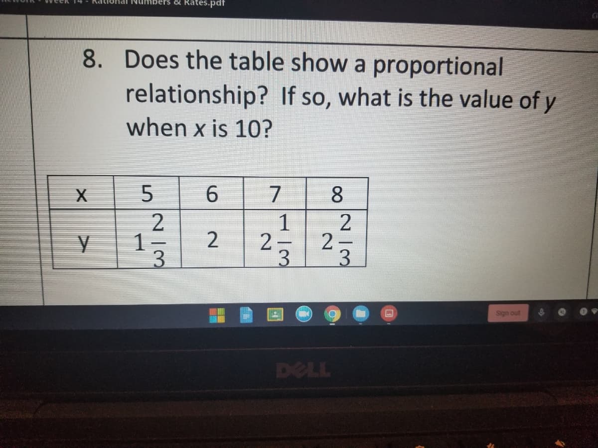 & Rates.pdf
8. Does the table show a proportional
relationship? If so, what is the value of y
when x is 10?
6.
8.
1
1-
2
2-
2
3
3.
3
Sign out
DELL
