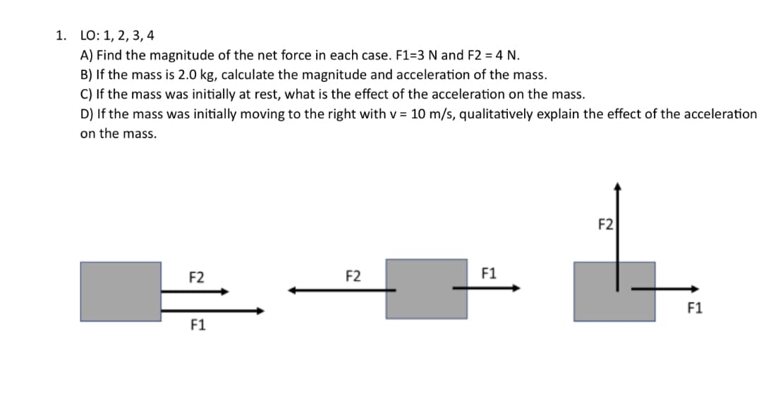 1. LO: 1, 2, 3, 4
A) Find the magnitude of the net force in each case. F1=3 N and F2 = 4 N.
B) If the mass is 2.0 kg, calculate the magnitude and acceleration of the mass.
C) If the mass was initially at rest, what is the effect of the acceleration on the mass.
D) If the mass was initially moving to the right with v= 10 m/s, qualitatively explain the effect of the acceleration
on the mass.
F2
F1
F2
F1
F2
F1