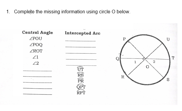 1. Complete the missing information using circle O below.
Central Angle
Intercepted Arc
ZPOU
U
ZPOQ
ZROT
21
2.
2
R
ÓPT
RPT
