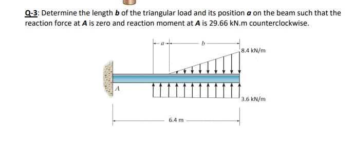 Q-3: Determine the length b of the triangular load and its position a on the beam such that the
reaction force at A is zero and reaction moment at A is 29.66 kN.m counterclockwise.
8.4 kN/m
A
3.6 kN/m
6.4 m
