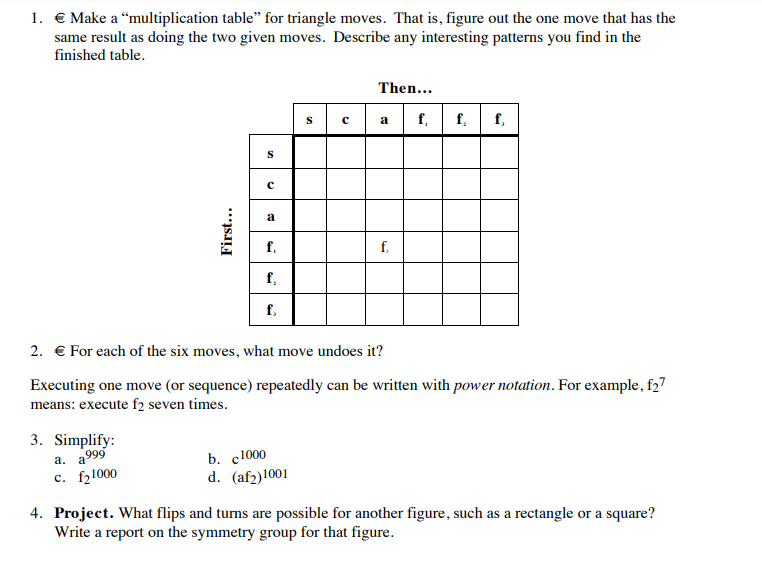 1. € Make a “multiplication table" for triangle moves. That is, figure out the one move that has the
same result as doing the two given moves. Describe any interesting patterns you find in the
finished table.
Then...
f.
f. f,
a
a
f.
f.
f,
f,
2. € For each of the six moves, what move undoes it?
Executing one move (or sequence) repeatedly can be written with power notation. For example, f27
means: execute f2 seven times.
3. Simplify:
b. c1000
d. (af2)1001
а. а999
с. f21000
4. Project. What flips and turns are possible for another figure, such as a rectangle or a square?
Write a report on the symmetry group for that figure.
First...
