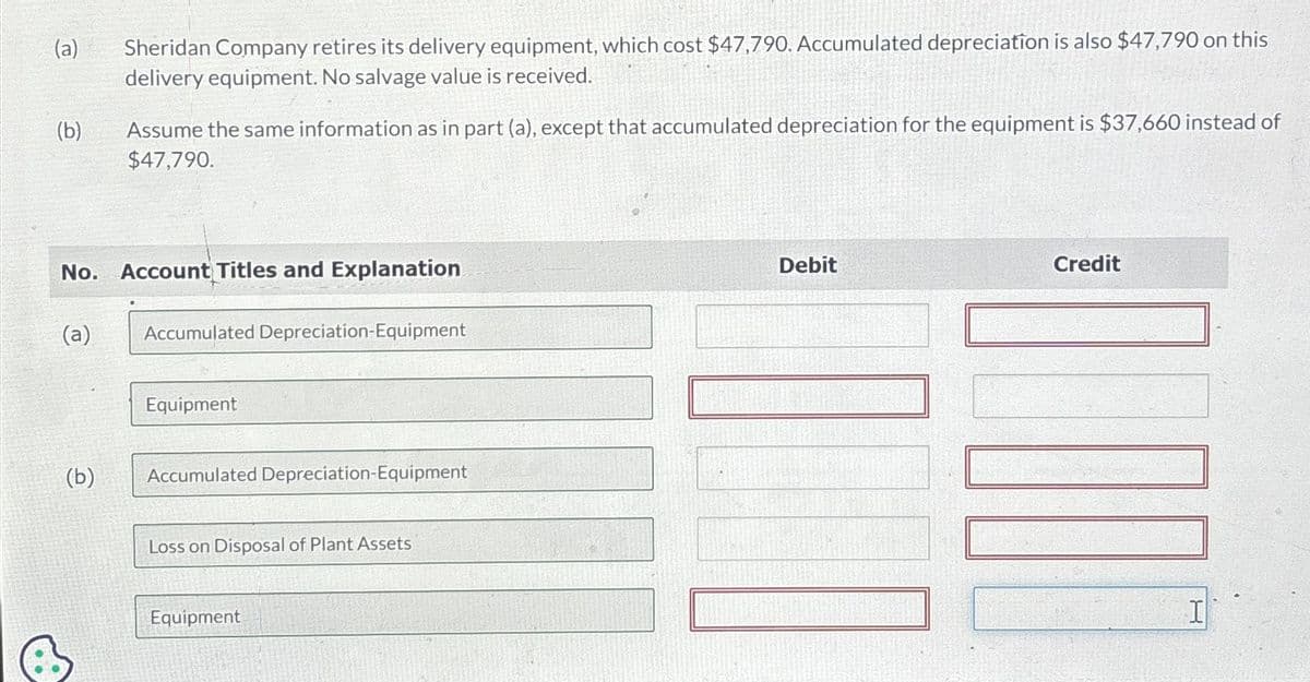 (a) Sheridan Company retires its delivery equipment, which cost $47,790. Accumulated depreciation is also $47,790 on this
delivery equipment. No salvage value is received.
(b)
Assume the same information as in part (a), except that accumulated depreciation for the equipment is $37,660 instead of
$47,790.
No. Account Titles and Explanation
(a)
Accumulated Depreciation-Equipment
Equipment
(b)
Accumulated Depreciation-Equipment
Loss on Disposal of Plant Assets
Equipment
Debit
Credit
I