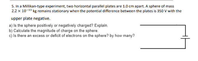 5. In a Millikan-type experiment, two horizontal parallel plates are 1.0 cm apart. A sphere of mass
2.2 x 10-¹3 kg remains stationary when the potential difference between the plates is 350 V with the
upper plate negative.
a) Is the sphere positively or negatively charged? Explain.
b) Calculate the magnitude of charge on the sphere.
c) Is there an excess or deficit of electrons on the sphere? by how many?