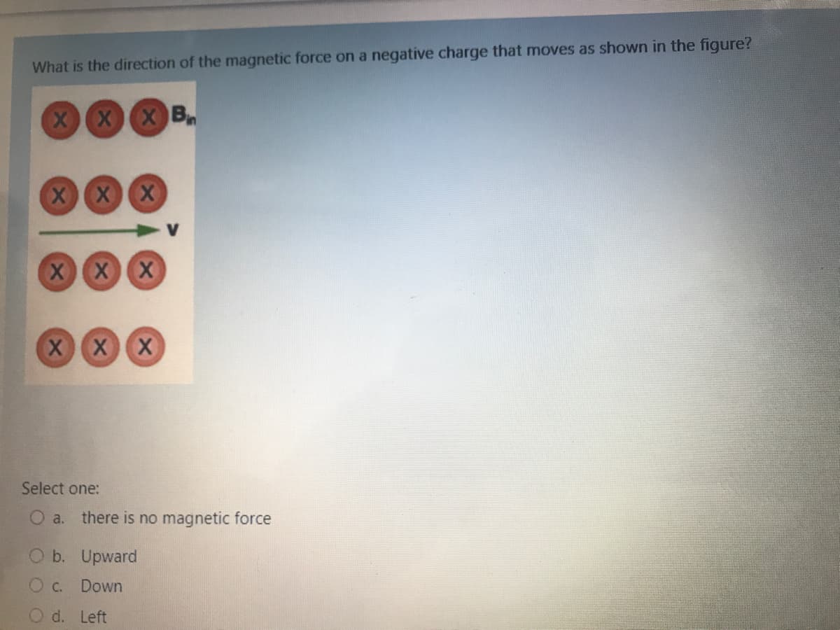 What is the direction of the magnetic force on a negative charge that moves as shown in the figure?
XX B
XXX
XXX
XXX
Select one:
O a.
there is no magnetic force
b. Upward
C. Down
d. Left
