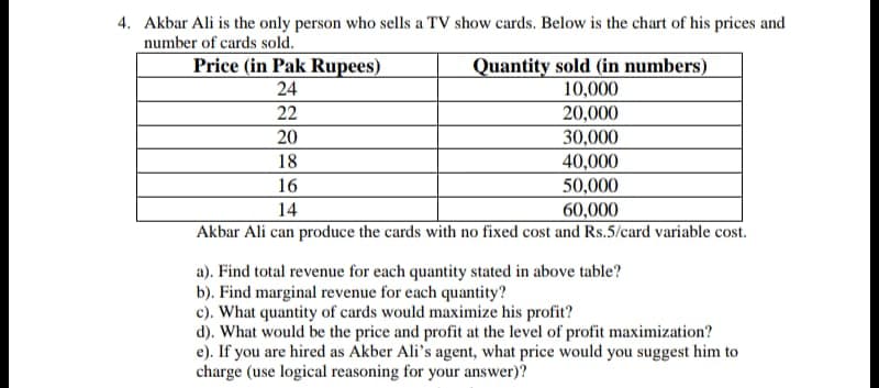 4. Akbar Ali is the only person who sells a TV show cards. Below is the chart of his prices and
number of cards sold.
Price (in Pak Rupees)
Quantity sold (in numbers)
10,000
24
22
20,000
20
30,000
18
40,000
50,000
16
14
60,000
Akbar Ali can produce the cards with no fixed cost and Rs.5/card variable cost.
a). Find total revenue for each quantity stated in above table?
b). Find marginal revenue for each quantity?
c). What quantity of cards would maximize his profit?
d). What would be the price and profit at the level of profit maximization?
e). If you are hired as Akber Ali's agent, what price would you suggest him to
charge (use logical reasoning for your answer)?
