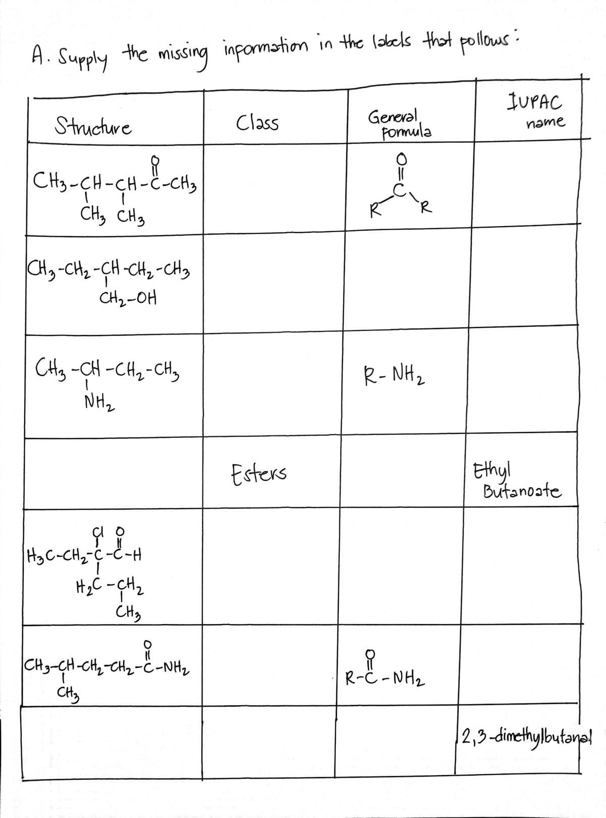A. Supply the missing inpormation in the labels that pollows:
IUPAC
Structure
Class
General,
Formula
name
CHy-CH-CH-C-CH3
CHy CHg
CHy-CHz -CH-CH2-CHs
CH2-OH
CHy -CH -CH2-CHy
NHz
R- NH2
Esters
Ethyl
Butanoate
Hy C-CHz-Ċ -C-H
CH3
|CH g-CH-CH,-CH2-ċ-NH,
R-C - NH2
2,3-dimethylbutane!
