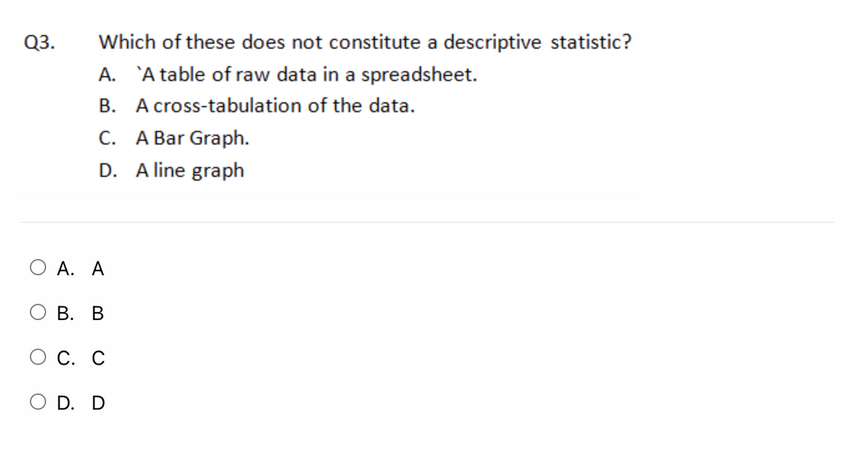 Q3.
Which of these does not constitute a descriptive statistic?
A. `A table of raw data in a spreadsheet.
B. A cross-tabulation of the data.
C. A Bar Graph.
D. A line graph
О А. А
О В. В
С. С
O D. D
