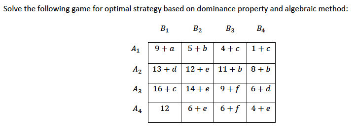 Solve the following game for optimal strategy based on dominance property and algebraic method:
B₁
B₂
B3
B4
A₁
9 + a
5+ b
4+c
1+c
A₂ 13 + d 12+ e 11 + b
8+b
A3
16+ c
14 + e
9+ f
6+d
A4
12
6 +e
6+ f
4+e