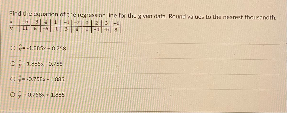 Find the equation of the regression line for the given data. Round values to the nearest thousandth.
-5
-3
2
11
-6
4.
1
-4
-5
O y= -1.885x + 0.758
O v= 1.885x - 0.758
O y= -0.758x - 1.885
Oy= 0.758x + 1.885
