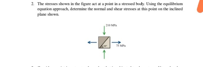 2. The stresses shown in the figure act at a point in a stressed body. Using the equilibrium
equation approach, determine the normal and shear stresses at this point on the inclined
plane shown.
210 MPa
75 MPa
50
