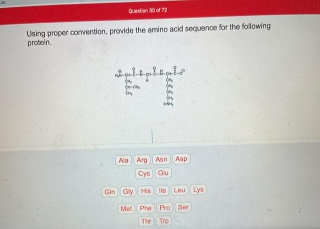 co
Question 30 of 72
Using proper convention, provide the amino acid sequence for the following
protein.
CH,
Ala Arg Asn Asp
Cys Glu
Gin Gly His lle Leu Lys
Met Phe Pro Ser
Thr Trp
