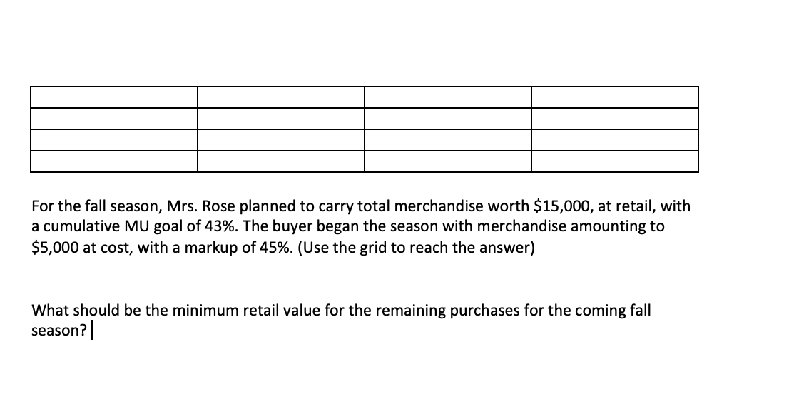 For the fall season, Mrs. Rose planned to carry total merchandise worth $15,000, at retail, with
a cumulative MU goal of 43%. The buyer began the season with merchandise amounting to
$5,000 at cost, with a markup of 45%. (Use the grid to reach the answer)
What should be the minimum retail value for the remaining purchases for the coming fall
season?
