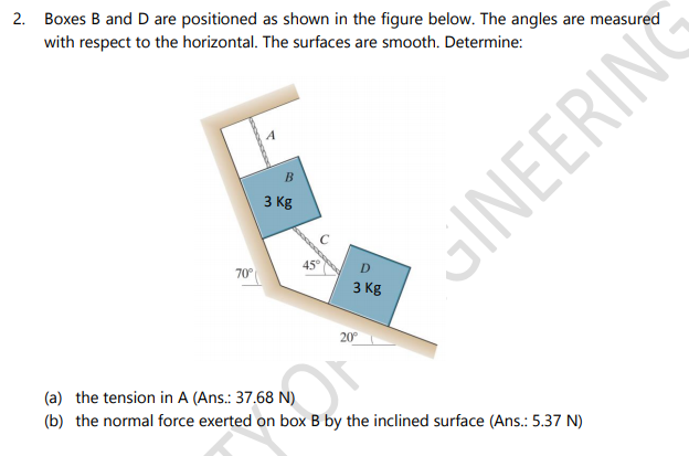 Boxes B and D are positioned as shown in the figure below. The angles are measured
with respect to the horizontal. The surfaces are smooth. Determine:
