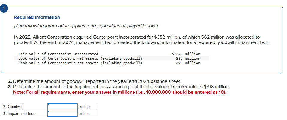 Required information
[The following information applies to the questions displayed below.]
In 2022, Alliant Corporation acquired Centerpoint Incorporated for $352 million, of which $62 million was allocated to
goodwill. At the end of 2024, management has provided the following information for a required goodwill impairment test:
Fair value of Centerpoint Incorporated
Book value of Centerpoint's net assets (excluding goodwill)
Book value of Centerpoint's net assets (including goodwill)
$ 256 million
228 million
290 million
2. Determine the amount of goodwill reported in the year-end 2024 balance sheet.
3. Determine the amount of the impairment loss assuming that the fair value of Centerpoint is $318 million.
Note: For all requirements, enter your answer in millions (i.e., 10,000,000 should be entered as 10).
2. Goodwill
3. Impairment loss
million
million