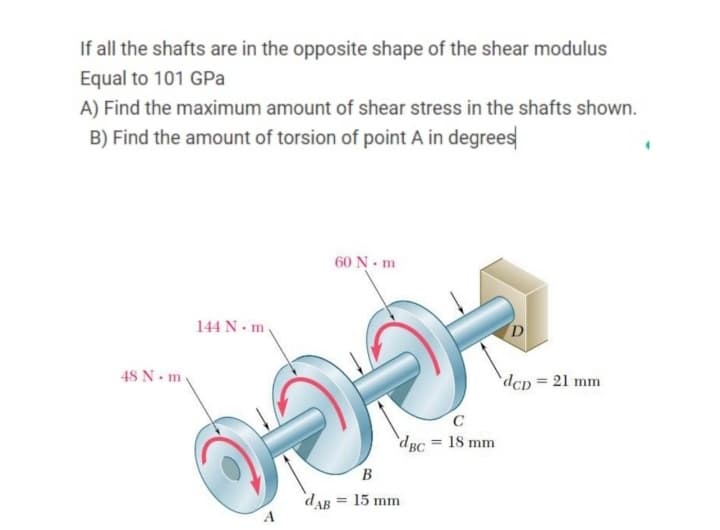 If all the shafts are in the opposite shape of the shear modulus
Equal to 101 GPa
A) Find the maximum amount of shear stress in the shafts shown.
B) Find the amount of torsion of point A in degrees
60 N m
144 N • m.
D
48 N. m.
`dcp= 21 mm
"dBc = 18 mm
%3D
B
dAB = 15 mm
A
