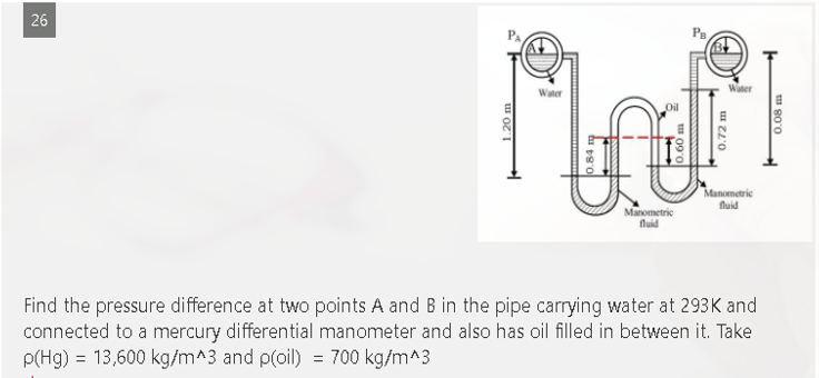 26
Ps
Water
Water
Oil
Manometric
fluid
Manometric
fluid
Find the pressure difference at two points A and B in the pipe carrying water at 293K and
connected to a mercury differential manometer and also has oil filled in between it. Take
p(Hg) = 13,600 kg/m^3 and p(oil) = 700 kg/m^3
1.20 m
u 09'0
